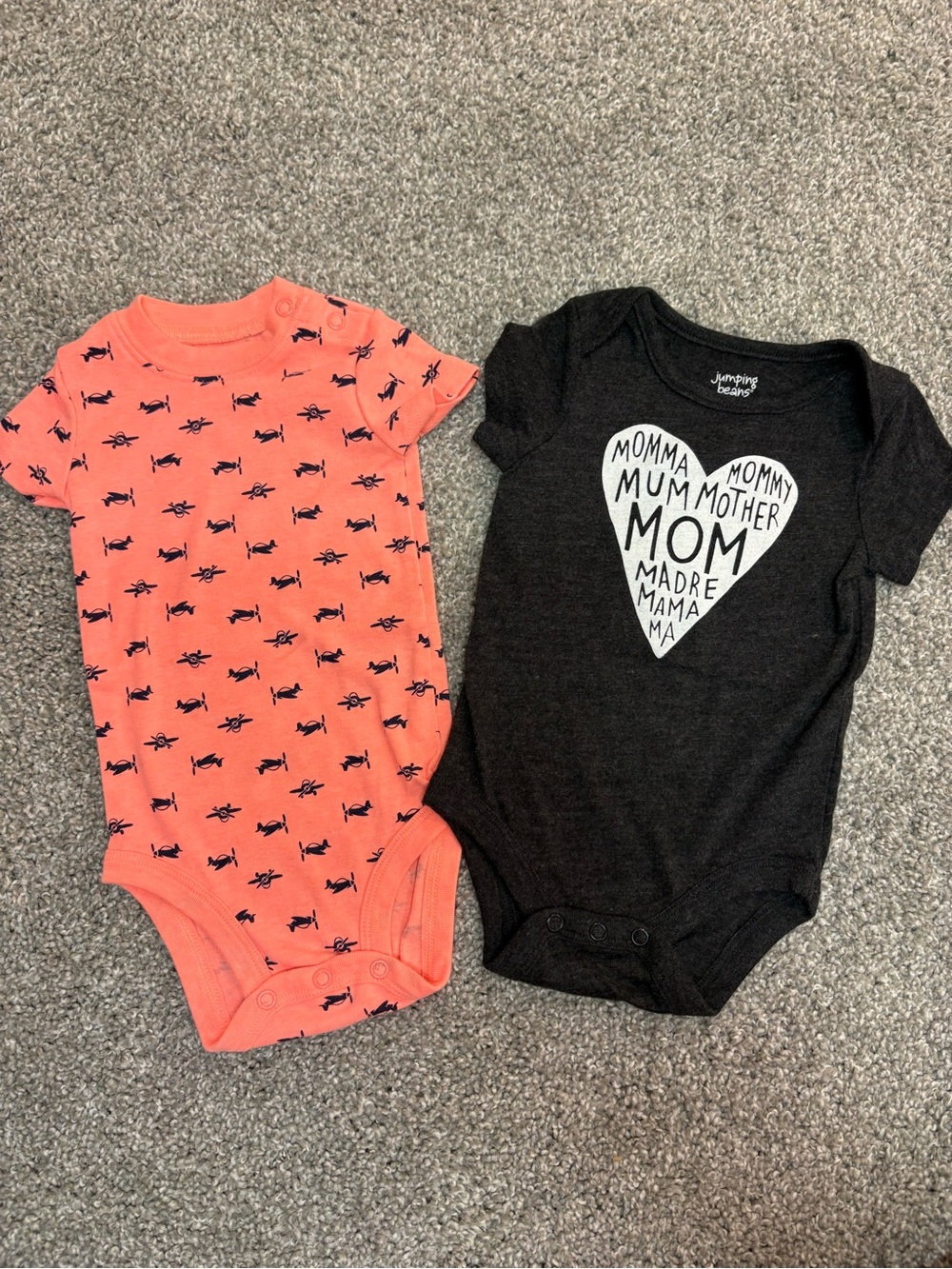 jumping beans Black 'MOM' Heart & just one you bright orange Airplane Bodysuits
